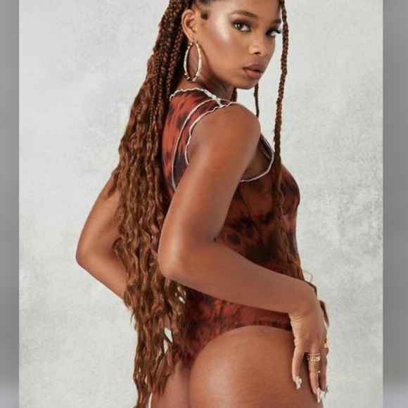 Brown Overlock Detail Mesh Bodysuit - Picture 3 of 3